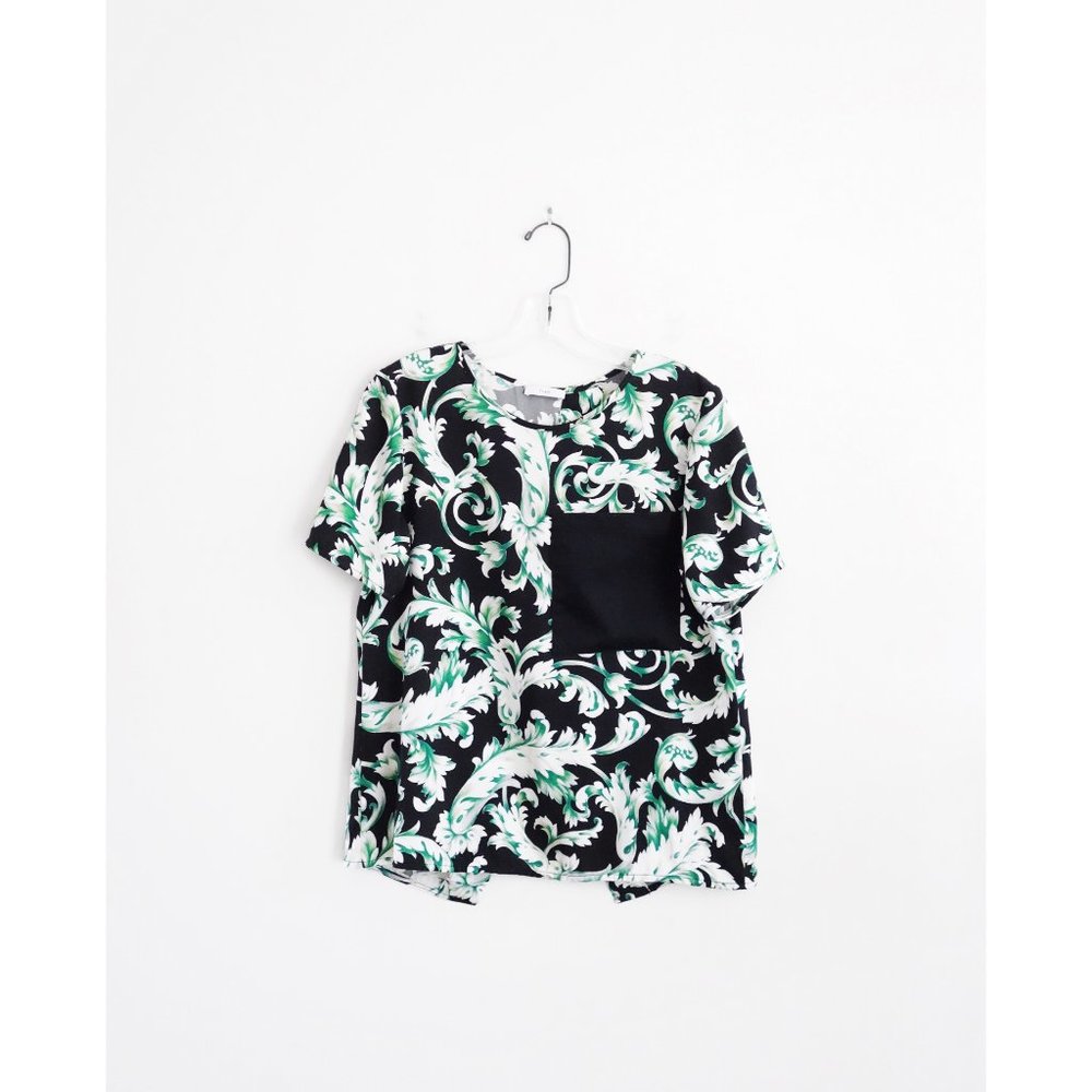 Tome Black Green Silk Leaf Print Open Back Top M